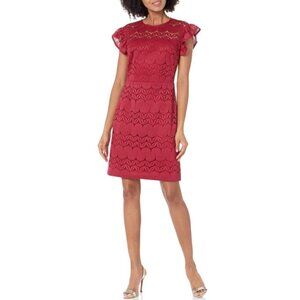 Trina Turk Mai-Tai Ruffle-Sleeve Lace Sheath Dress, Cranberry
